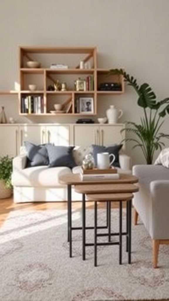 A cozy living room featuring nesting tables beside a sofa, with a plant and decorative items in the background.