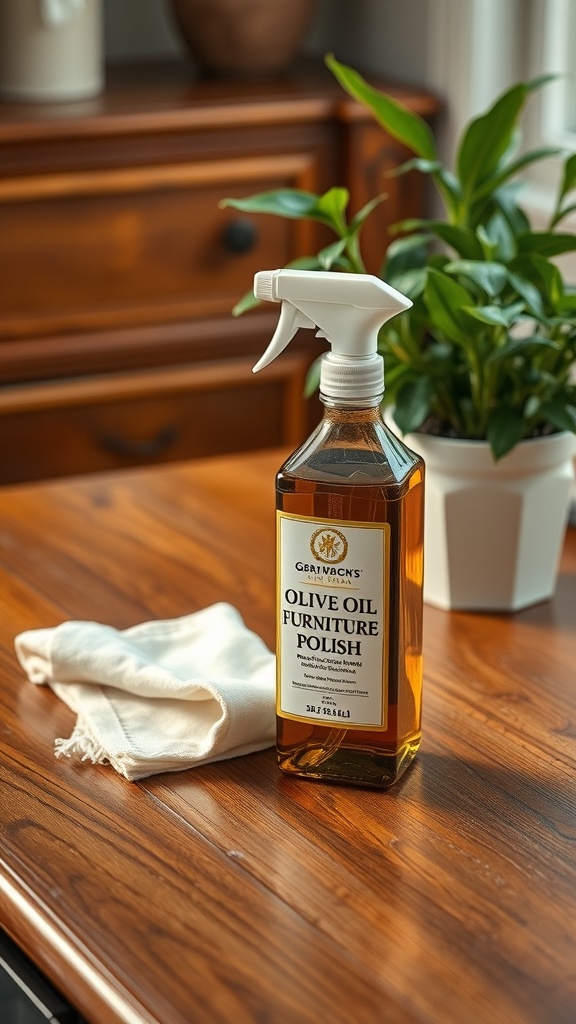 A bottle of Olive Oil Furniture Polish on a wooden table next to a cloth and a potted plant.