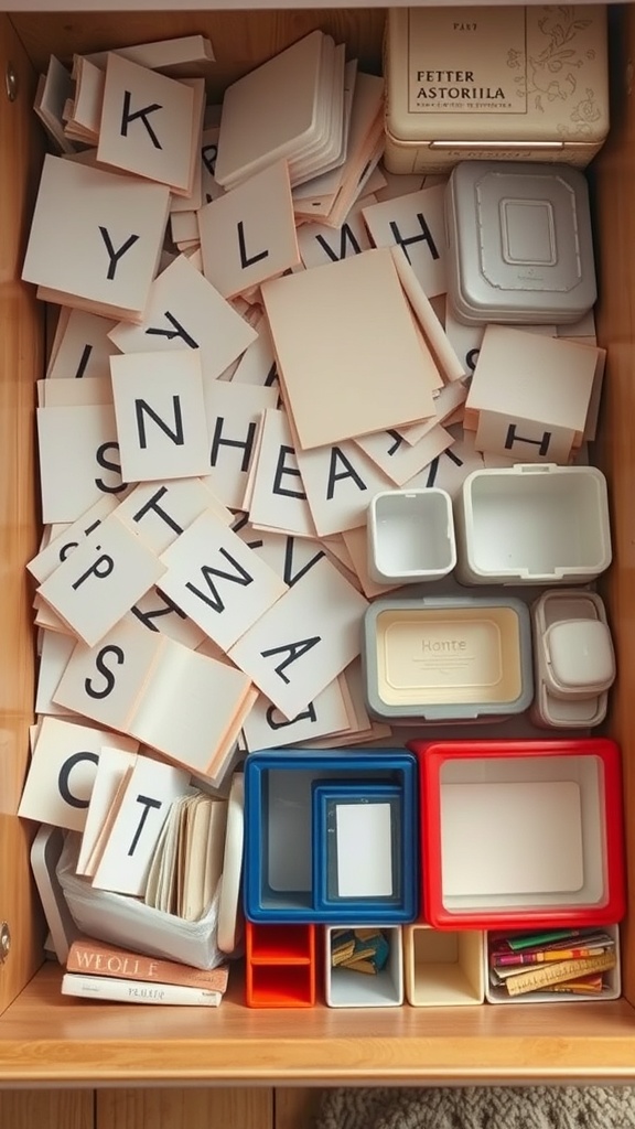 A cluttered drawer filled with letters and small containers.