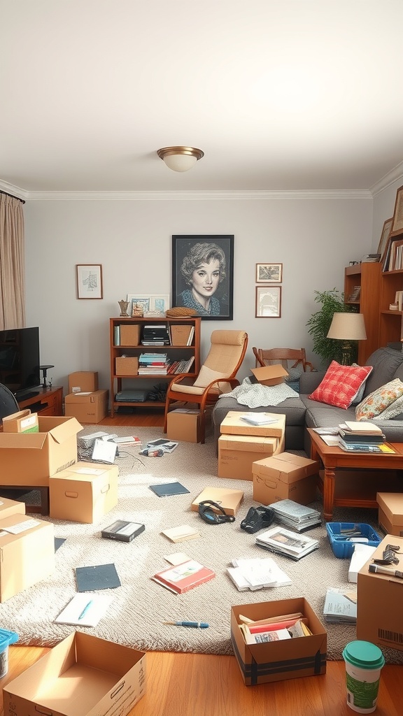 A cluttered living room filled with boxes and items scattered on the floor.