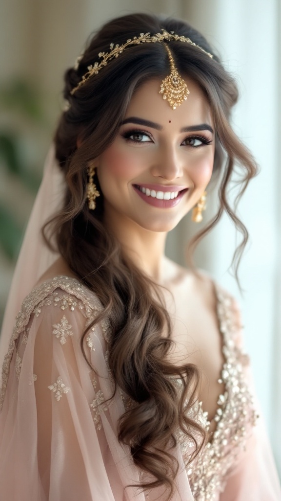 A bride with open hair styled in soft curls adorned with a tiara, smiling brightly.