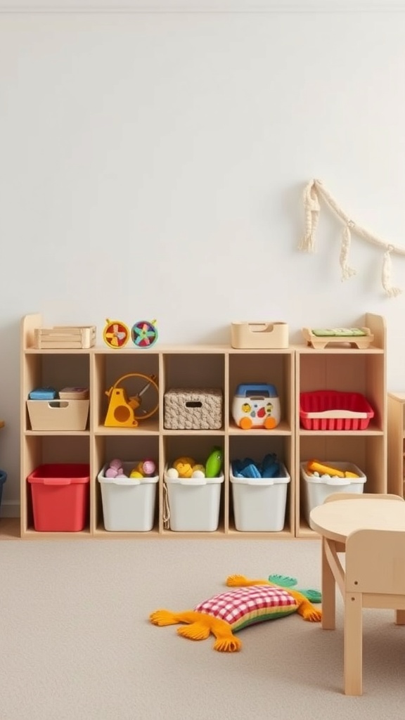 A minimalist kids' play area with organized storage bins and a small table.
