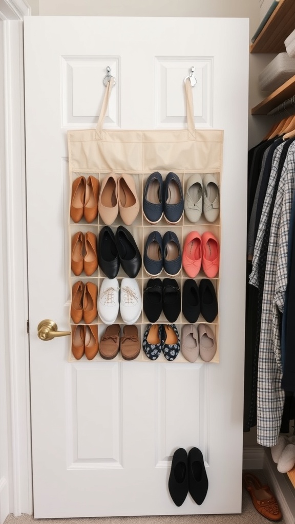 A beige over-the-door shoe organizer filled with various pairs of shoes hanging on a closet door.