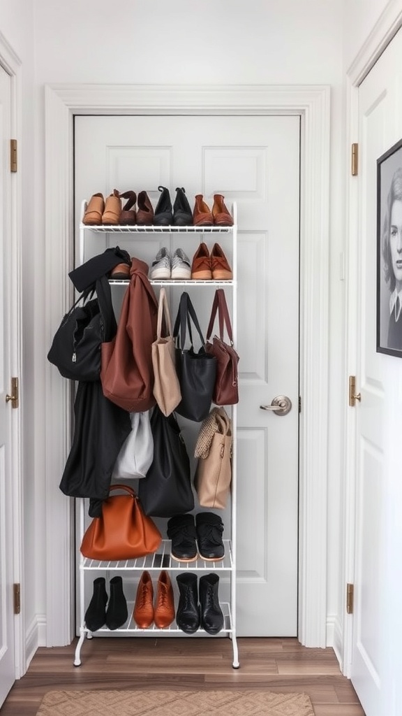Over-the-door storage rack filled with shoes and bags