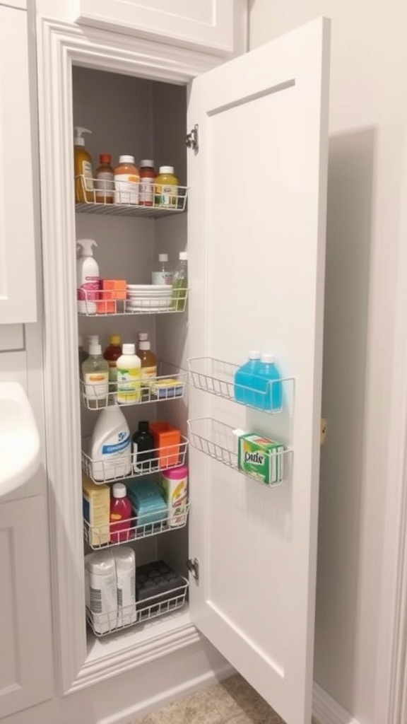 Organized under-sink storage with over-the-door baskets and racks.