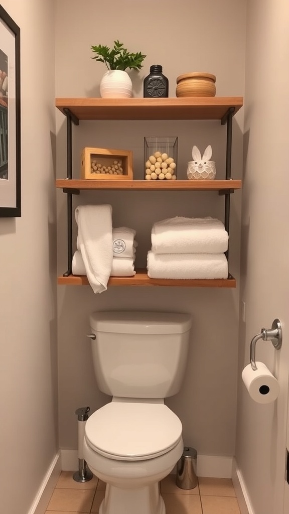 Stylish over-the-toilet shelving with towels and decorative items.