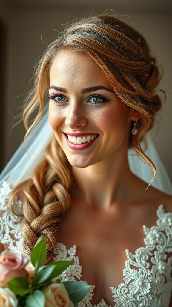 A bride with an oversized side braid adorned with hair jewels, smiling while holding a bouquet.