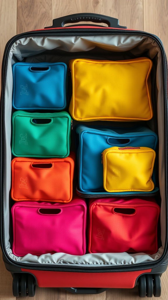 A suitcase filled with colorful packing cubes in various sizes.