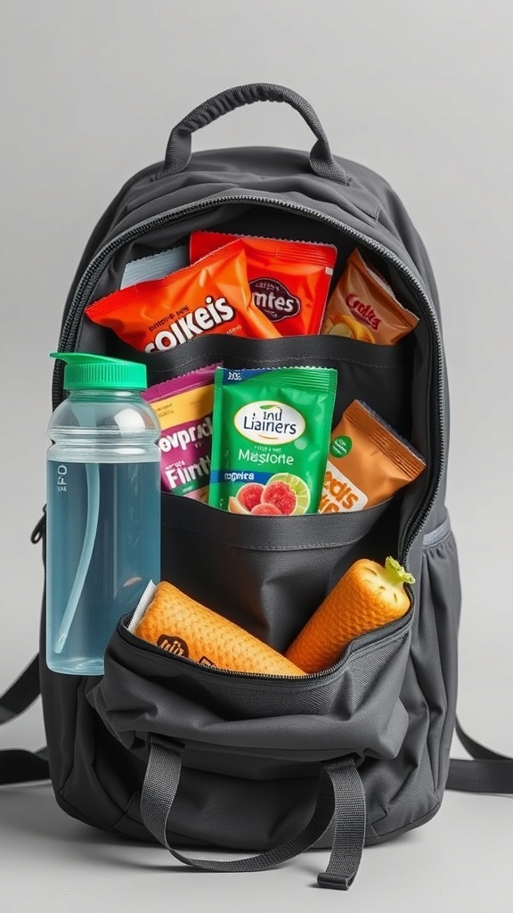 A backpack filled with snacks and a water bottle.