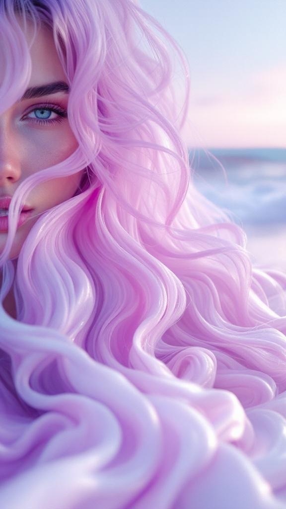 A close-up of a person with pastel purple wavy hair, showcasing soft curls against a light background.