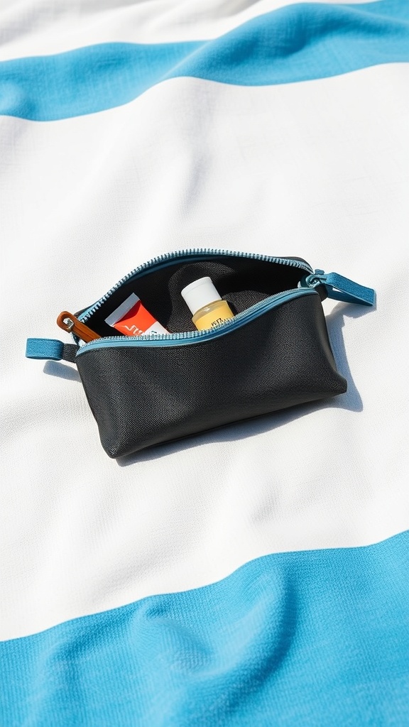 A small black pouch containing personal care items on a beach towel.