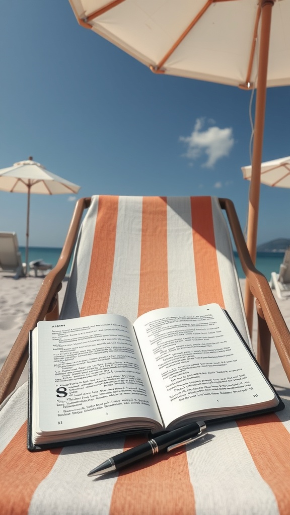 A beach chair with an open book and a pen on a sunny day.