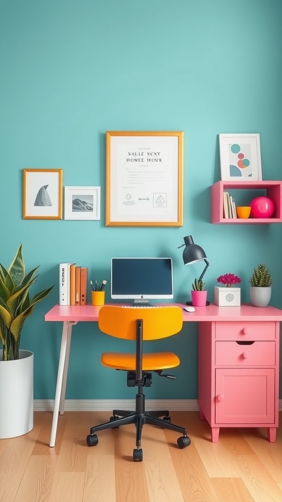A colorful home office with a teal wall, pink desk, and orange chair.