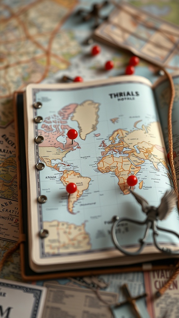 A close-up of a travel map with red pins marking various locations.
