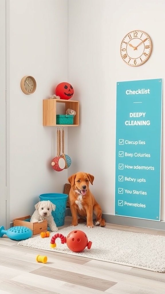 A cozy pet area with two dogs, toys, and a cleaning checklist on the wall.