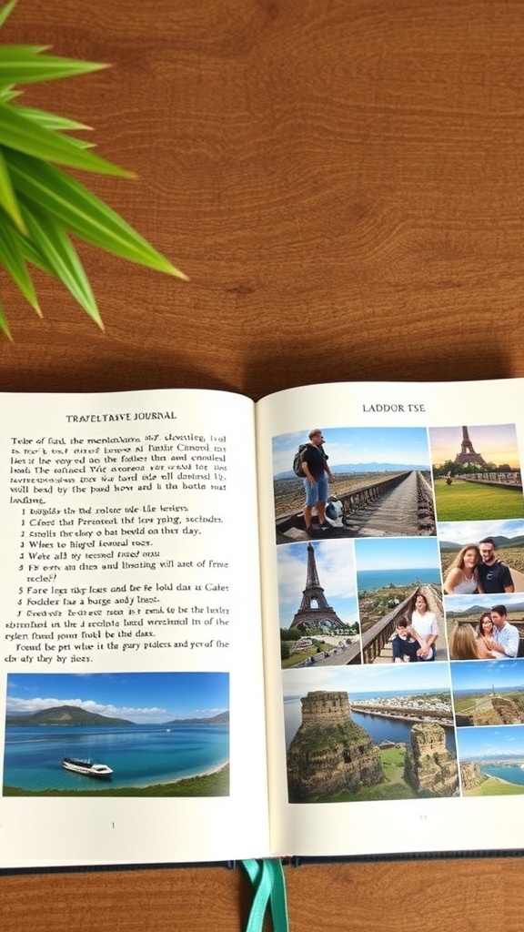 A travel journal open to pages featuring photo collages of various travel destinations.