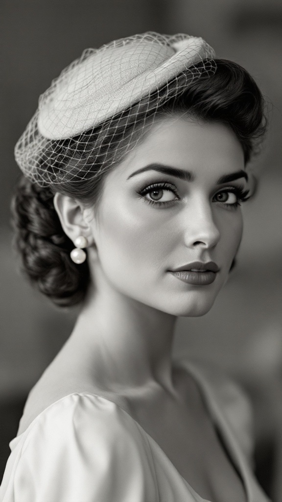 A woman with pin curled hair wearing a vintage hat, showcasing a classic wedding hairstyle.