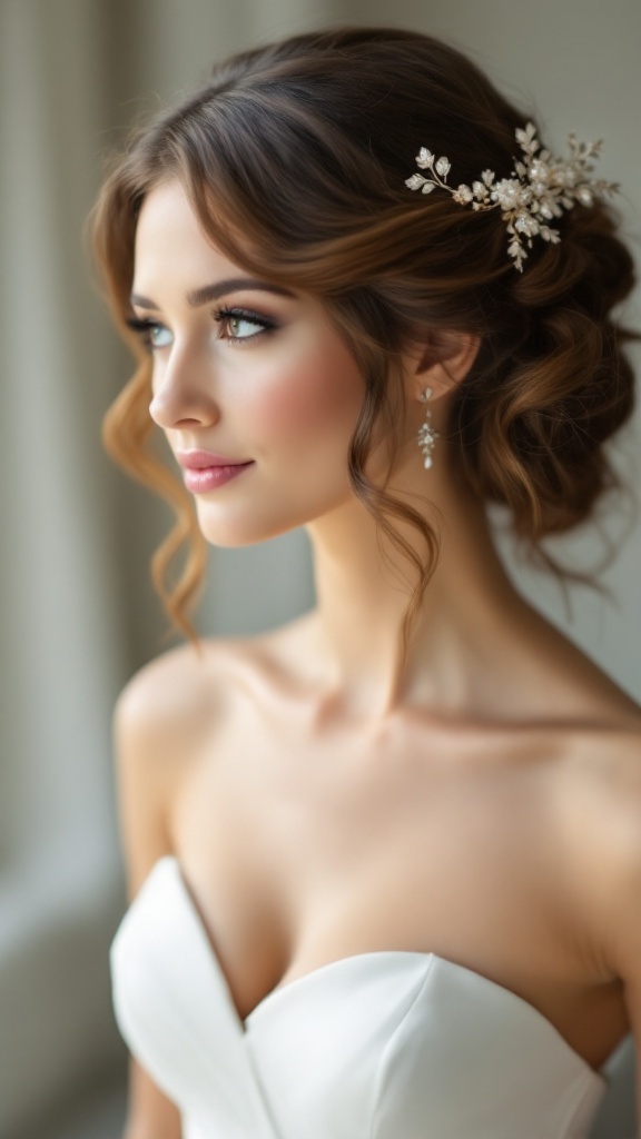 A bride with pinned-up curls adorned with a hair comb, looking elegant and vintage.