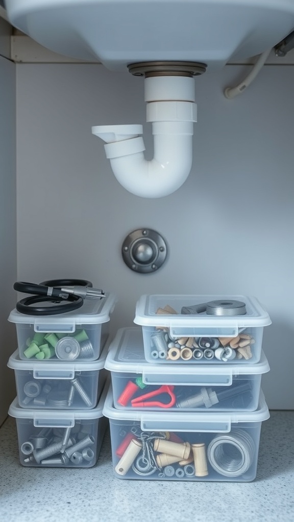Under-sink storage with plastic containers for small parts.