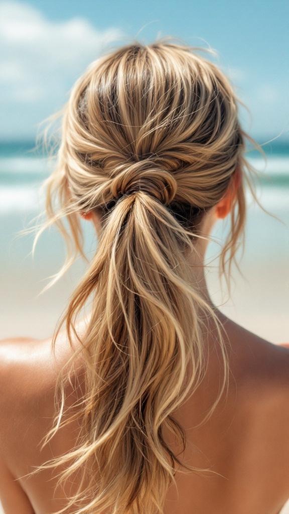 A wavy ponytail hairstyle on a beach background.