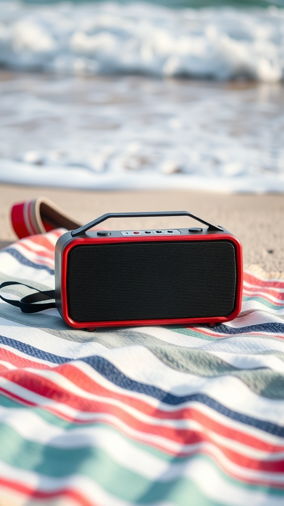 A portable Bluetooth speaker on a beach towel by the shore.