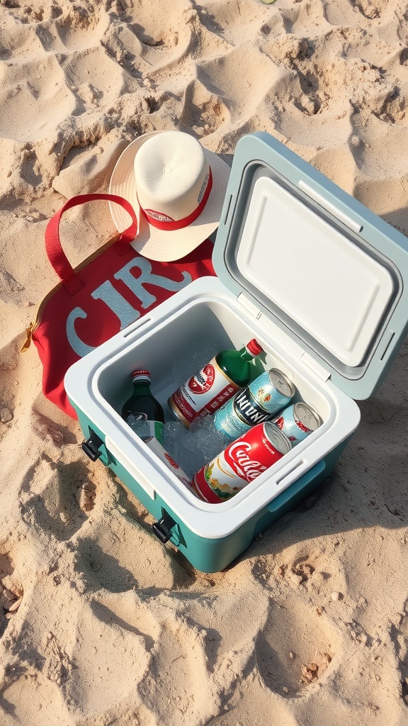 A portable cooler filled with drinks on the beach sand next to a beach bag and hat.