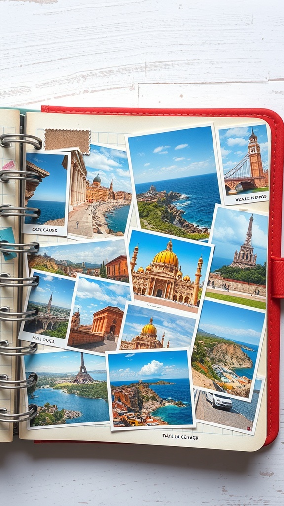 A travel journal page filled with various postcards from different locations.