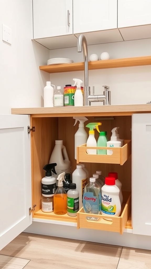 Under-sink storage with pull-out shelves for cleaning supplies.