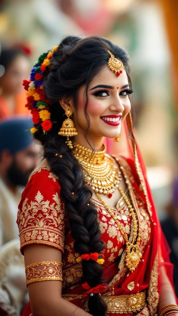 Punjabi bridal hairstyle featuring a paranda braid adorned with colorful threads and tassels