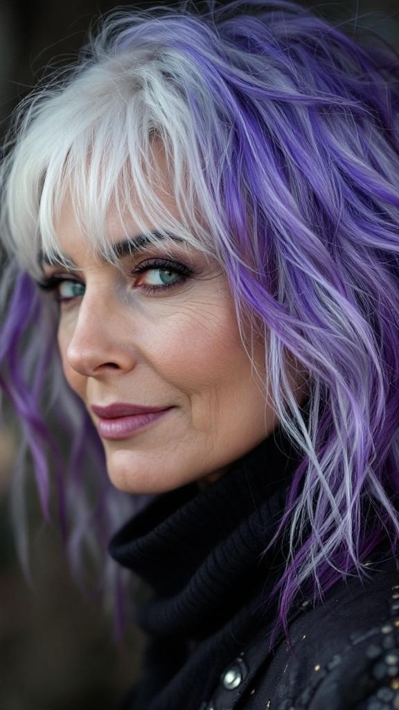 A woman with purple-tinged silver hair, showcasing a stylish and modern look.
