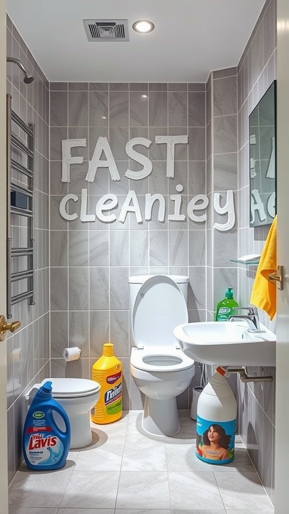 A clean bathroom with cleaning supplies and the words 'FAST CLEANIEY' on the wall.