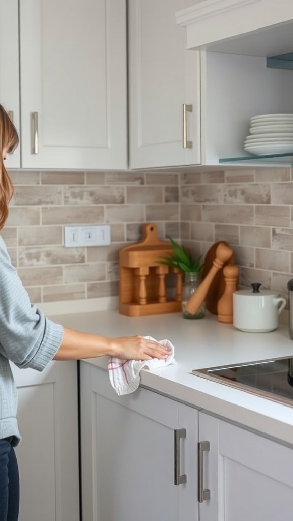 A person wiping a kitchen countertop with a cloth.