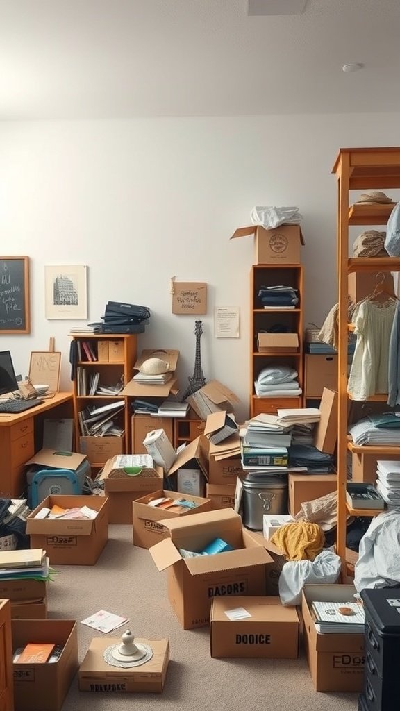 A cluttered room with boxes and items scattered around.