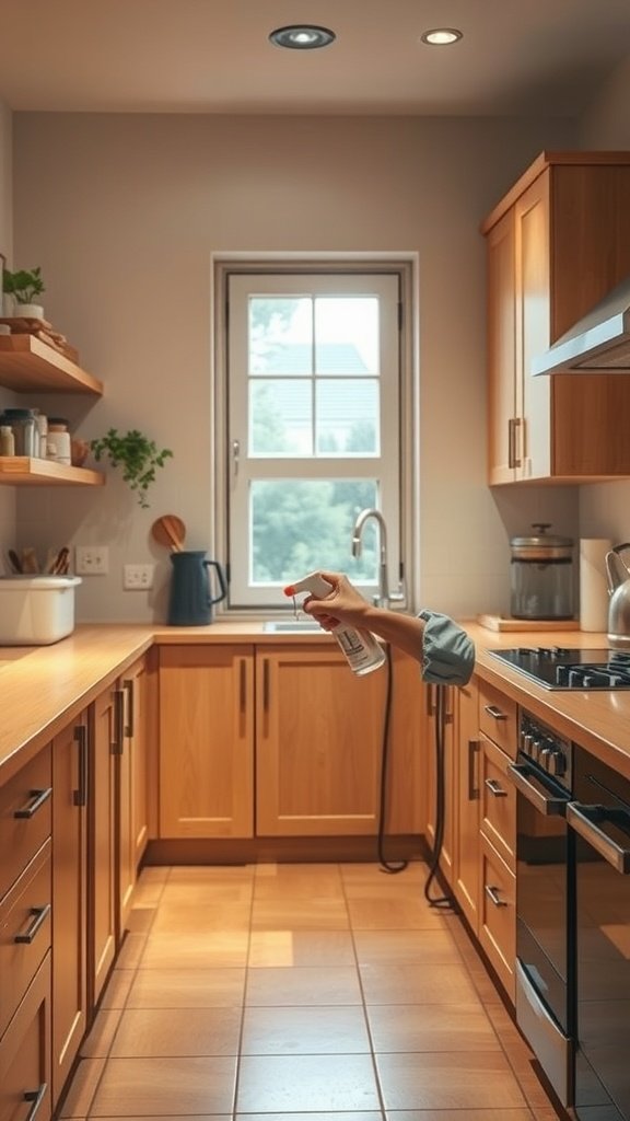 A hand spraying cleaner on a kitchen countertop.