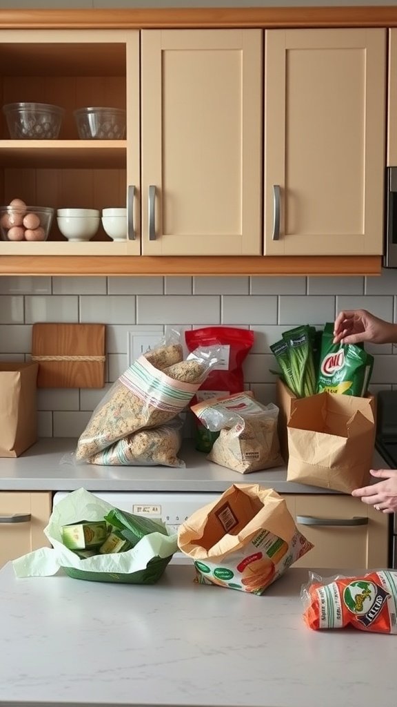 A kitchen counter with unpacked groceries, including bags of rice, vegetables, and snacks.