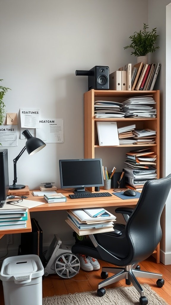A cluttered home office with a desk, computer, and shelves filled with papers and books.