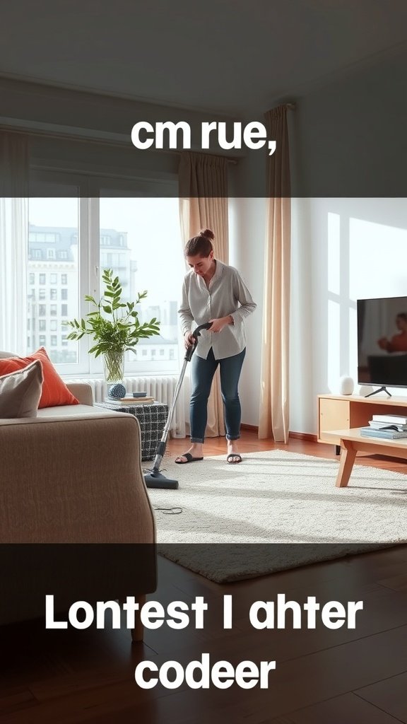 A person vacuuming a living room with a modern vacuum cleaner.