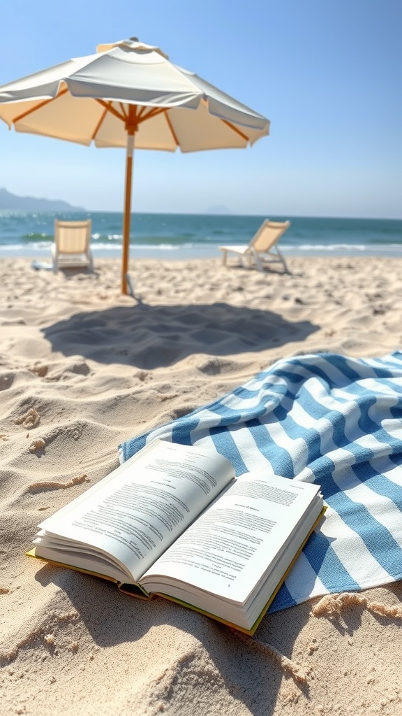 An open book on a beach towel with an umbrella and beach chairs in the background.