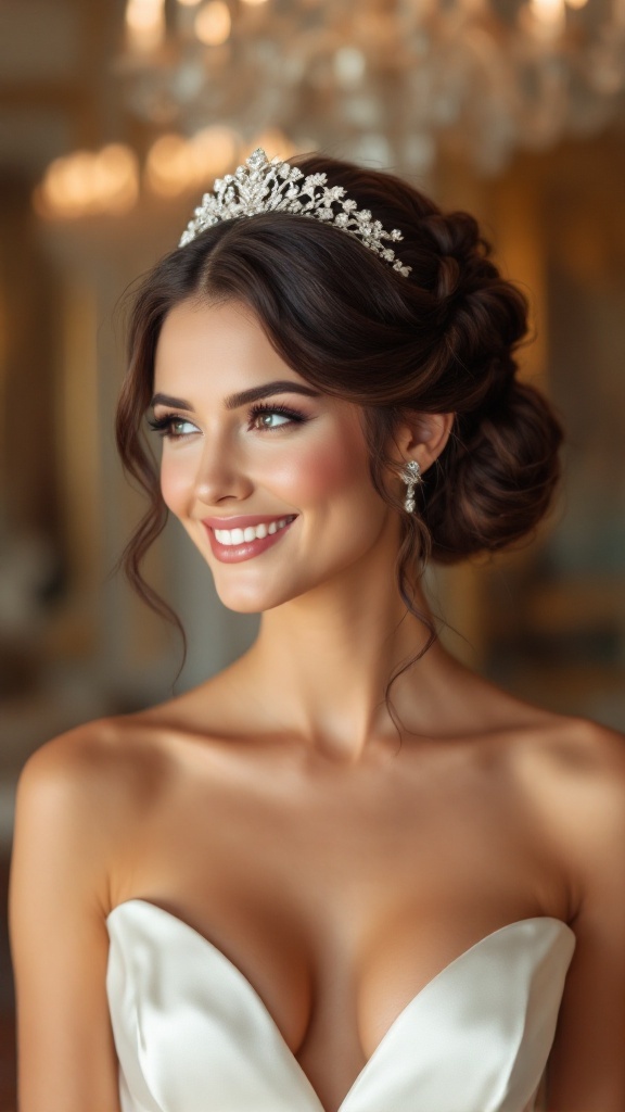 A woman in a regal braided updo hairstyle with a tiara, wearing a white gown.