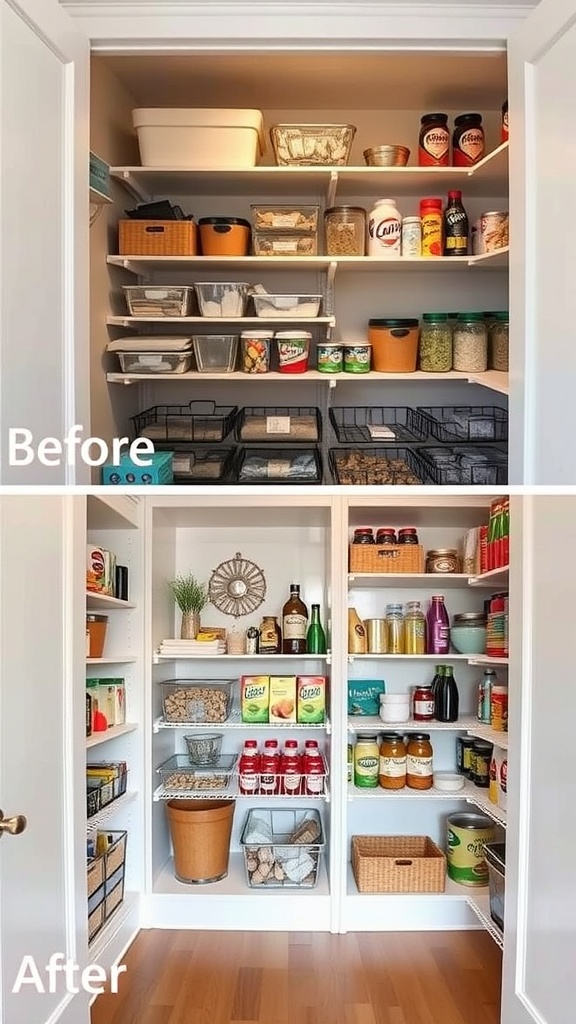 A before and after image of a pantry organization showing a cluttered pantry transformed into a neatly organized space.