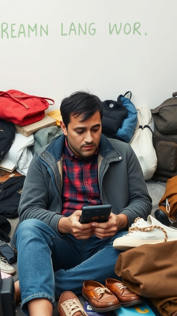 A person sitting on the floor surrounded by bags and shoes, looking at their phone.