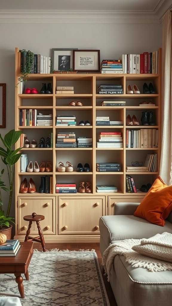 A cozy living room featuring a repurposed bookshelf displaying various shoes and books.
