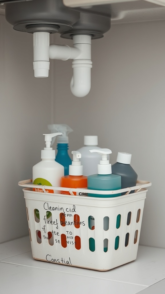 A white caddy filled with various cleaning supplies under a sink.