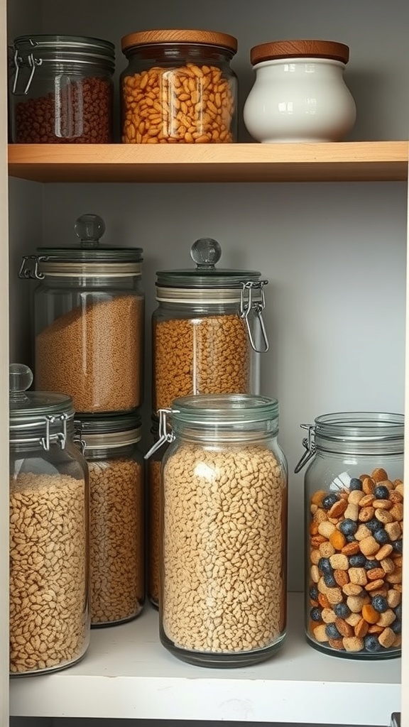 A neatly organized pantry with various glass jars containing different food items.
