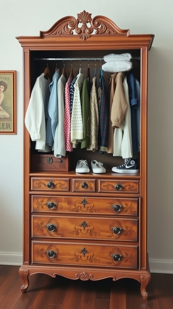 A vintage wooden wardrobe with clothes and shoes organized inside.