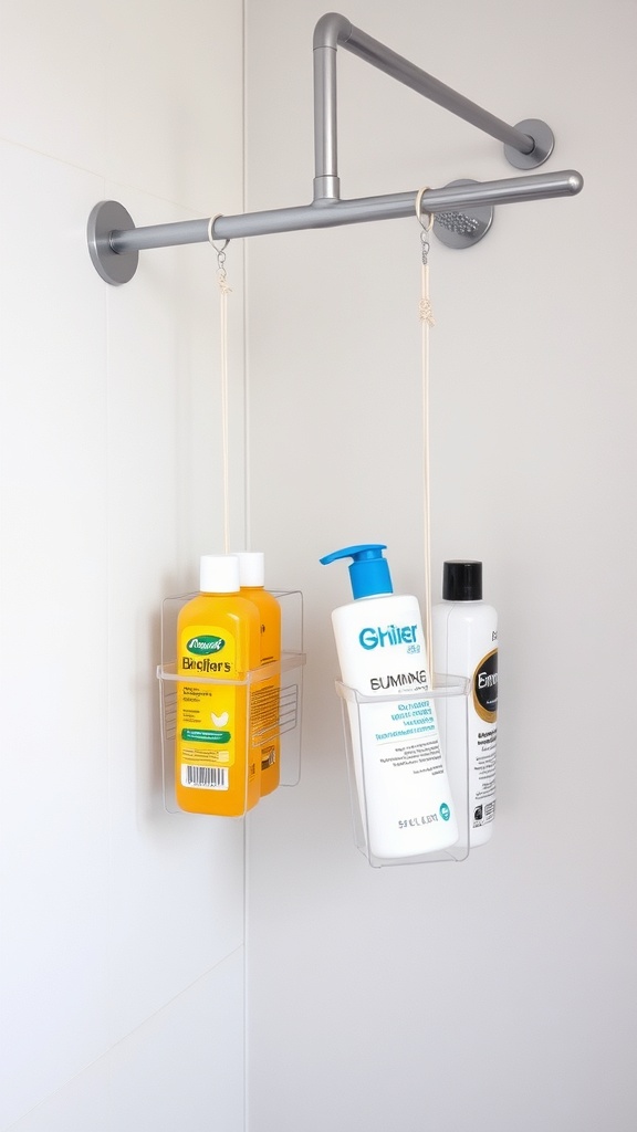 Tension rod with hanging shower caddies holding shampoo and conditioner in a bathroom.