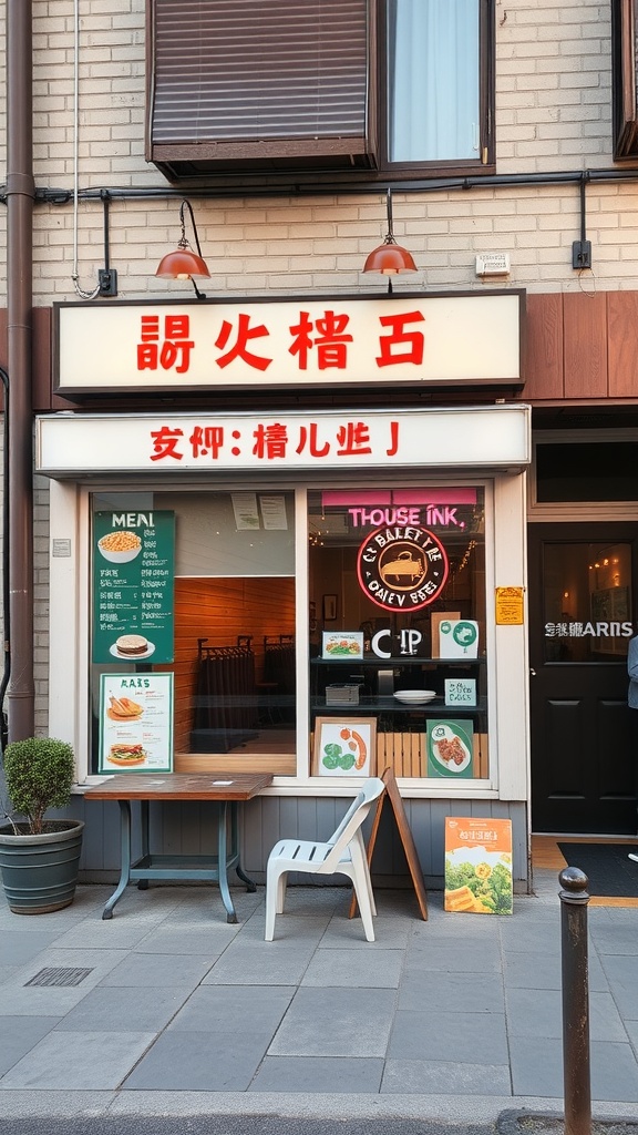 A restaurant exterior with a menu displayed, showcasing local dining options.
