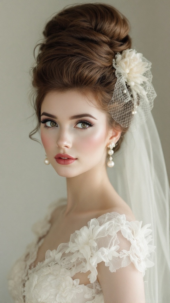 A bride with a retro beehive hairstyle and veil, showcasing vintage glam.