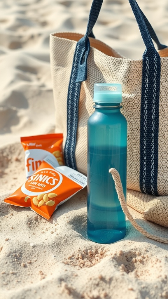A reusable water bottle next to a beach bag and snacks on the sand.