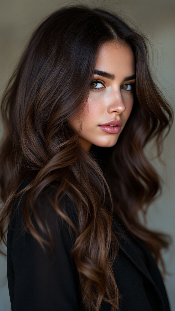 A woman with rich chocolate balayage hairstyle, showcasing depth and shine.